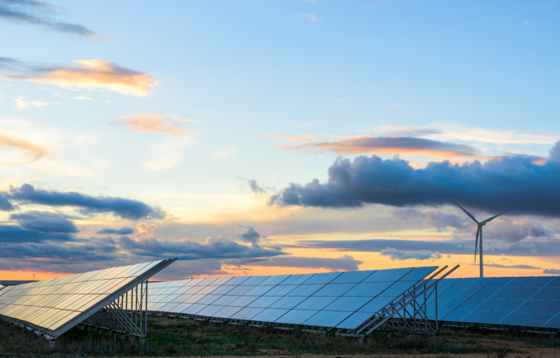 Solar farm at dusk.