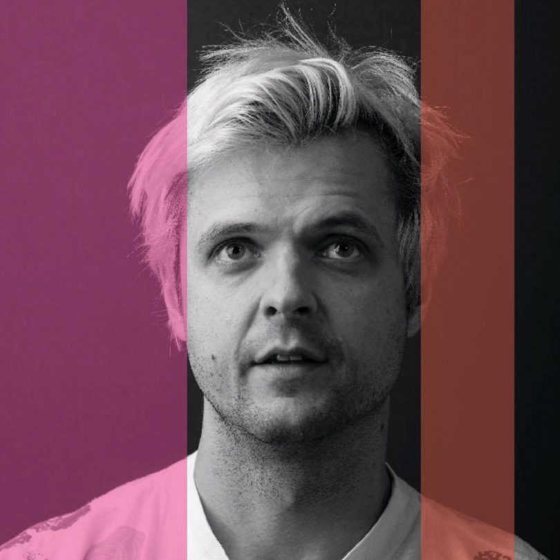 Black and white close-up photo of Canberra musician and performer, Chris Endrey, artistically rendered with two thick, vertical pink stripes in varying shades.
