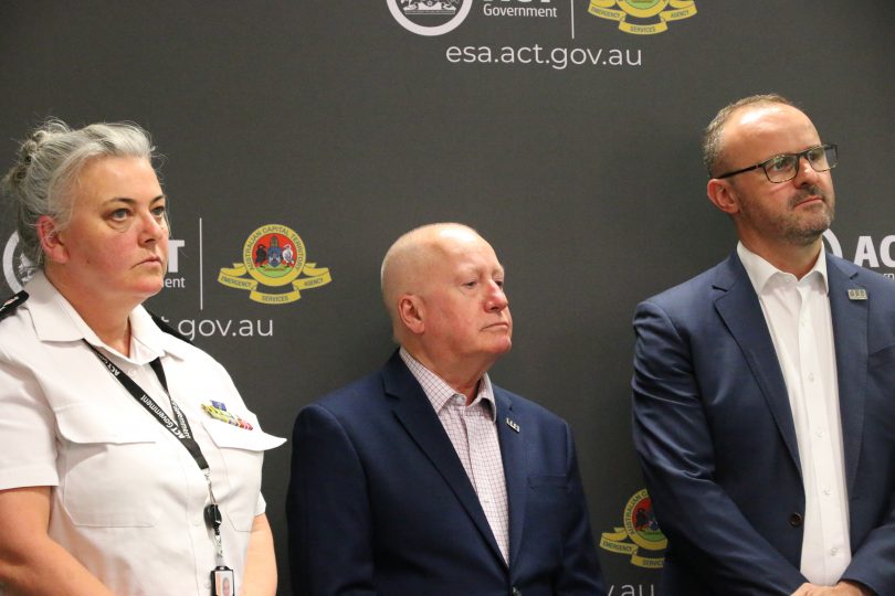 ESA Commissioner Georgeina Whelan, Emergency Services Minister Mick Gentleman and Chief Minister Andrew Barr 