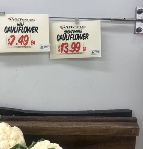 Prices of cauliflower at the Fyshwick Markets
