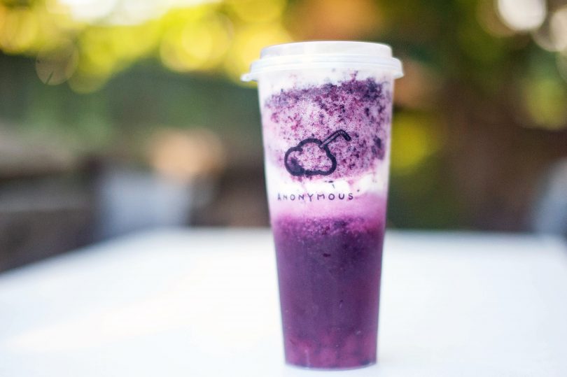 Cup of purple dragonfruit yogurt drink from Anonymous Fruit and Bubble Tea.