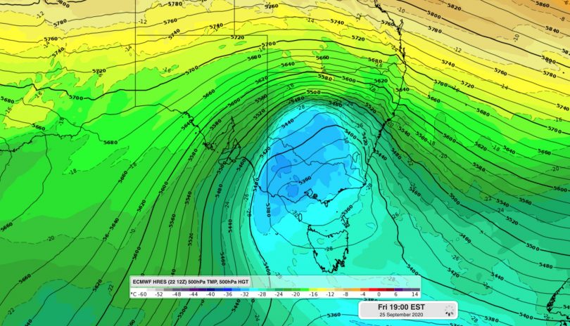 Forecast model showing cold air over south-eastern Australia on Friday