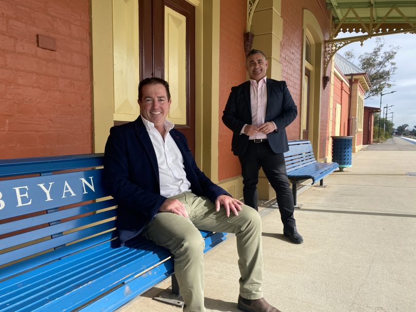 Member for Monaro John Barilaro and Minister for Regional Transport and Roads Paul Toole at Queanbeyan train station.