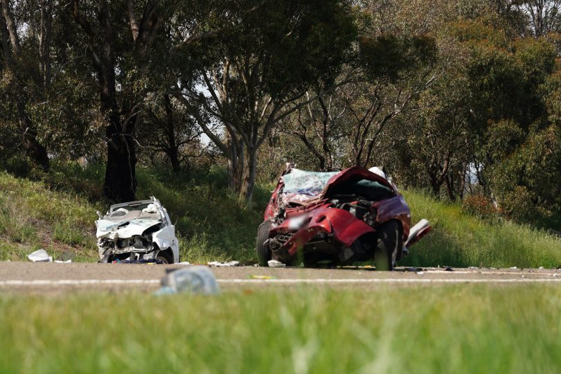 Two people have been transported to hospital following the accident on William Hovell Drive. Photo: ACT Policing.