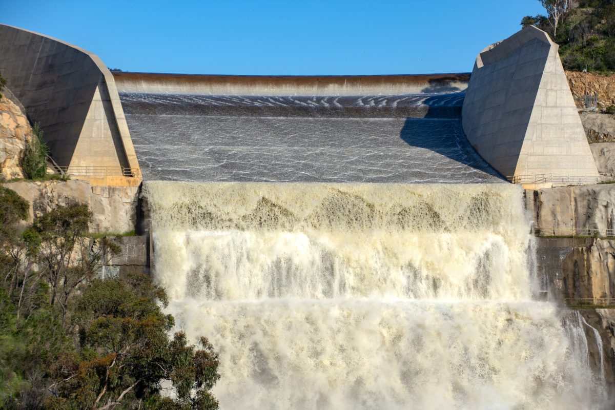 Googong Dam in full flow with significant water spilling on 4 November