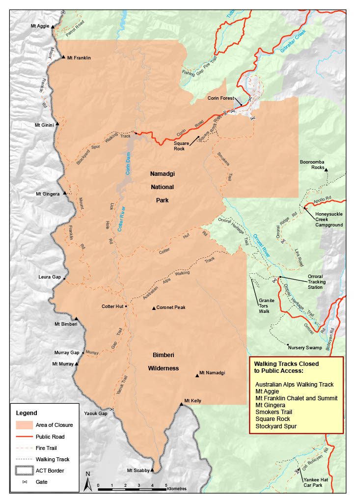A map showing the areas of Namadgi National Park that will be closed
