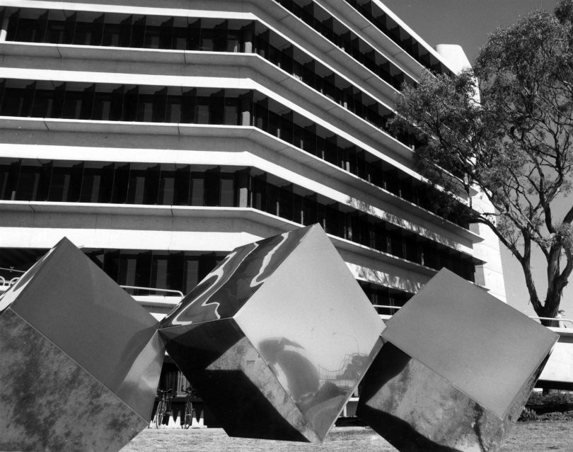 Bert Flugelman's 'Tumbling cubes (Dice)' outside Cameron Offices were later moved adjacent to Belconnen Mall in Margaret Timpson Park.