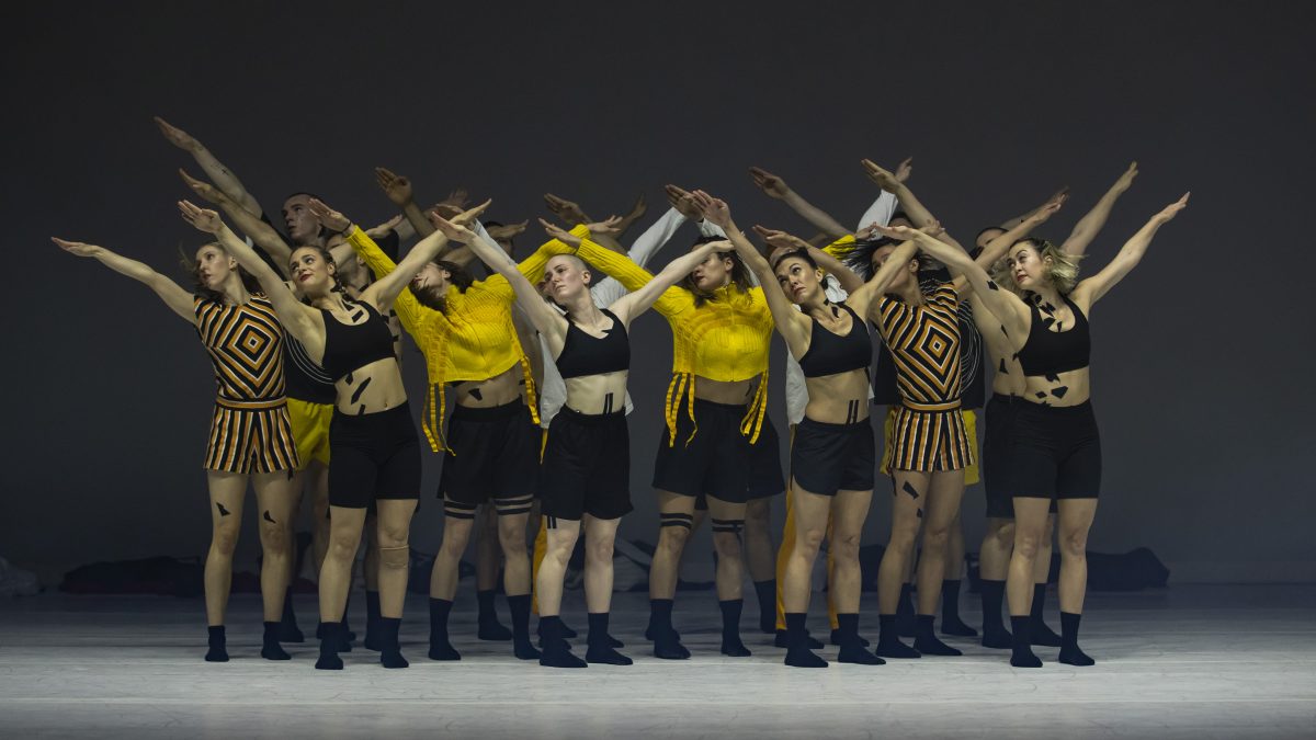 dancers in black and yellow costumes on stage