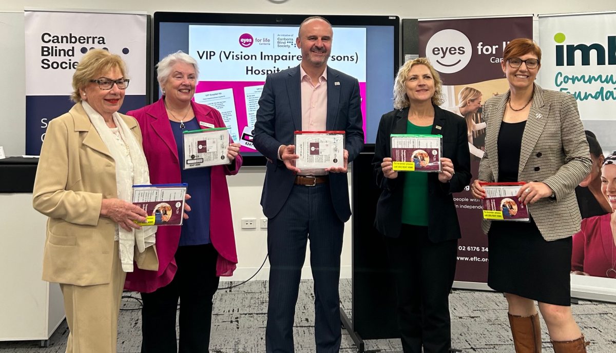 From left to right, Patron for Canberra Blind Society Margaret Reid, AO, Canberra Blind Society President Heather Fitzpatrick, Chief Minister Andrew Barr, Minister for Disability Emma Davidson and Minister for Health Rachel Stephen-Smith