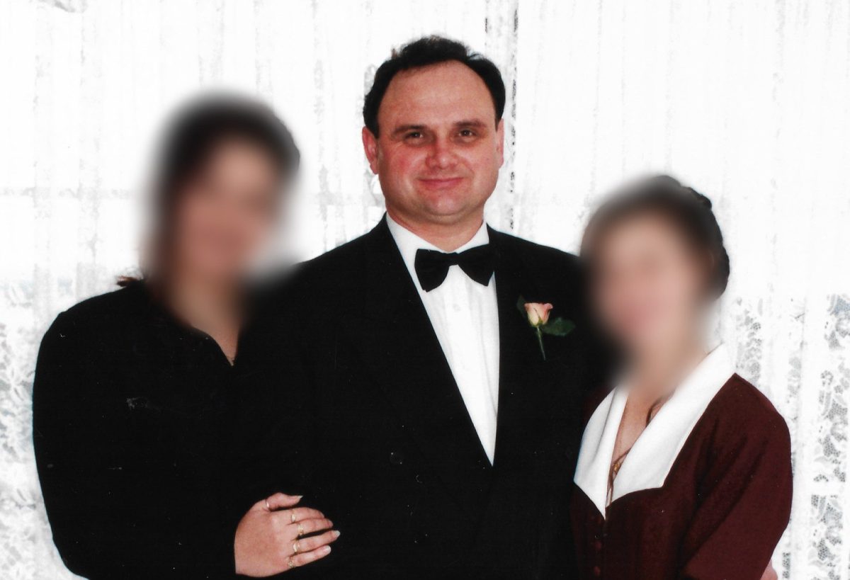 man in tuxedo with two women whose faces are blurred out