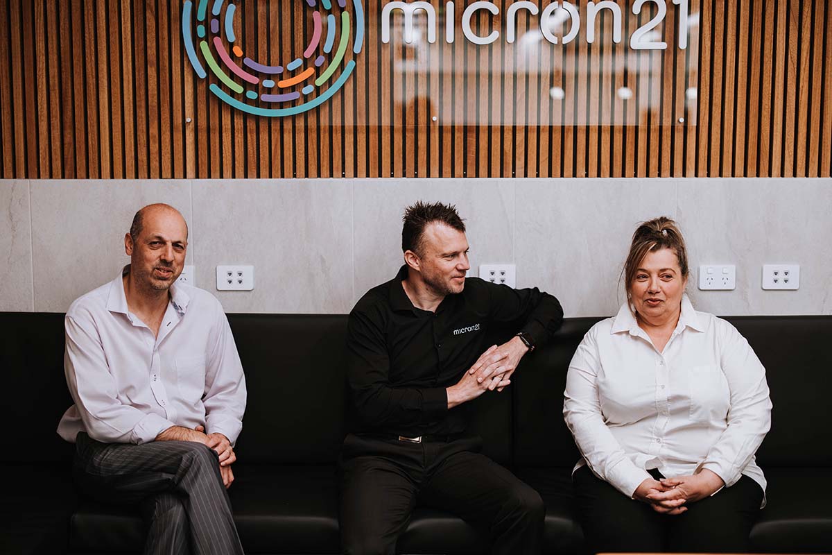 Micron21 Head of Customer and Commercial Sheldon Dyer, Managing Director James Braunegg and Finance and HR Manager Michelle Anders sit and talk