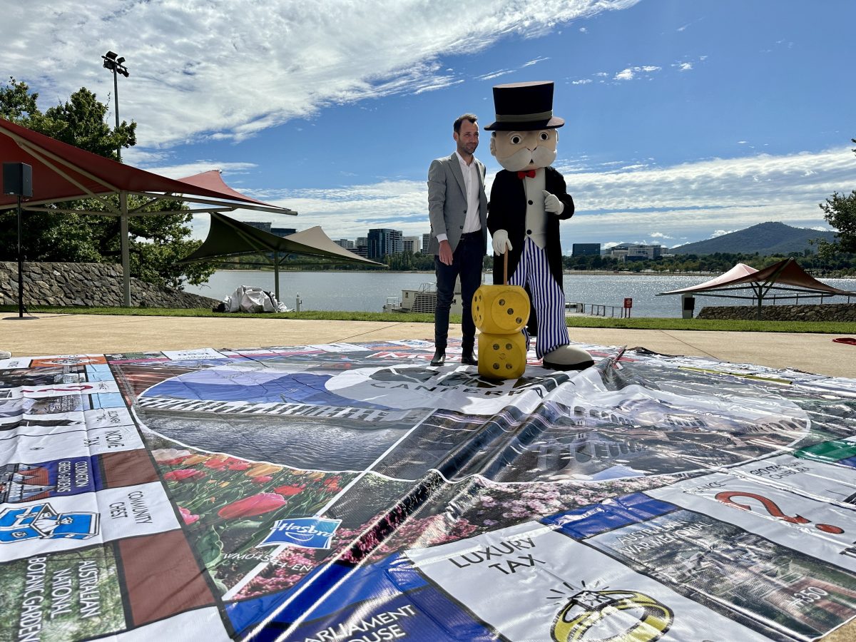 Winning Moves spokesperson Dale Hackett and Mr Monopoly at the Canberra Monopoly launch.