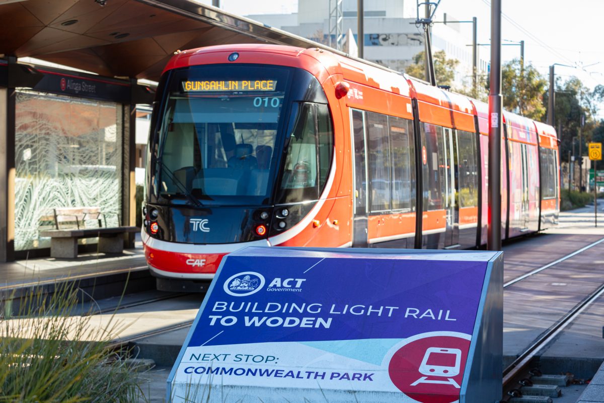 Light rail vehicle parked at Alinga Street station