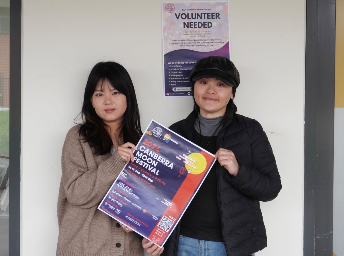 Two women with a poster