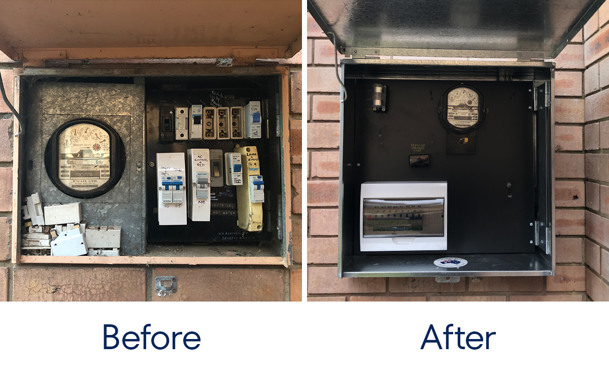 before and after shots of an updated switchboard