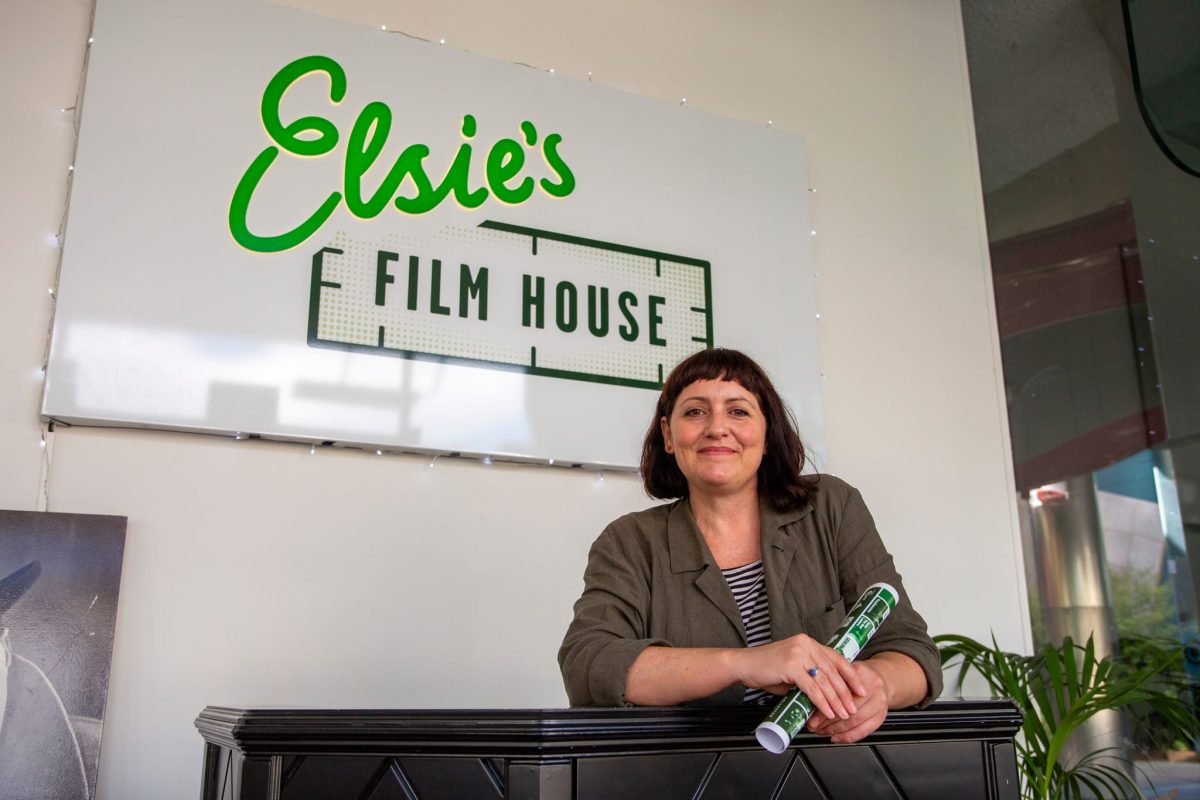 Alice Taylor at entrance to Elsie's Film House