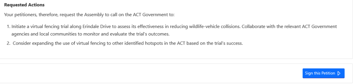 Petition screen shot for virtual fencing in Canberra 2025