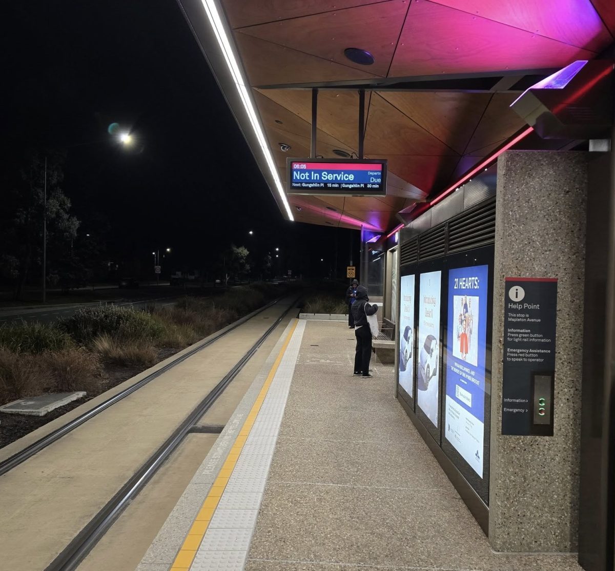 out of service sign at light rail platform