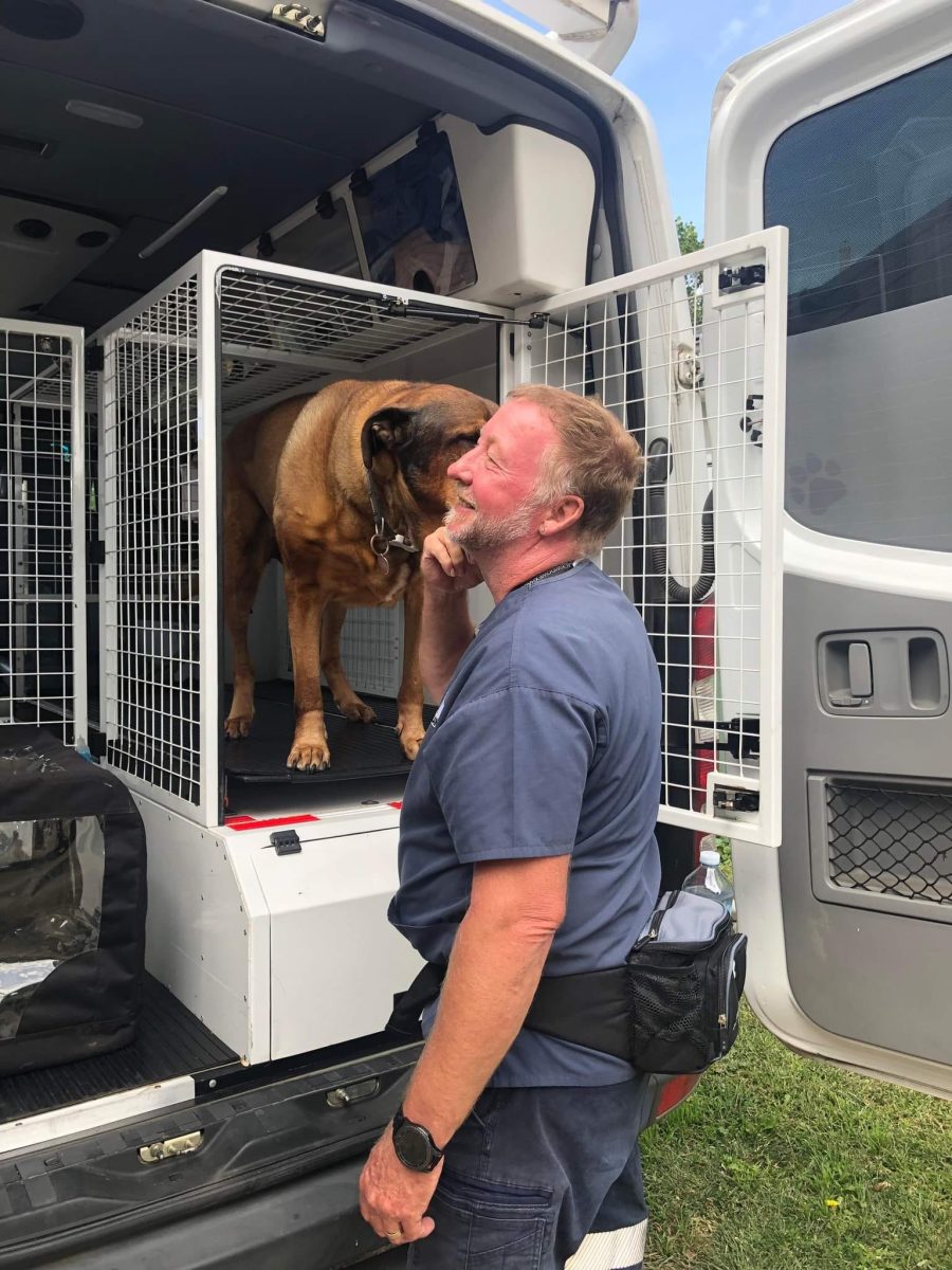 A dog licking a man on his cheek