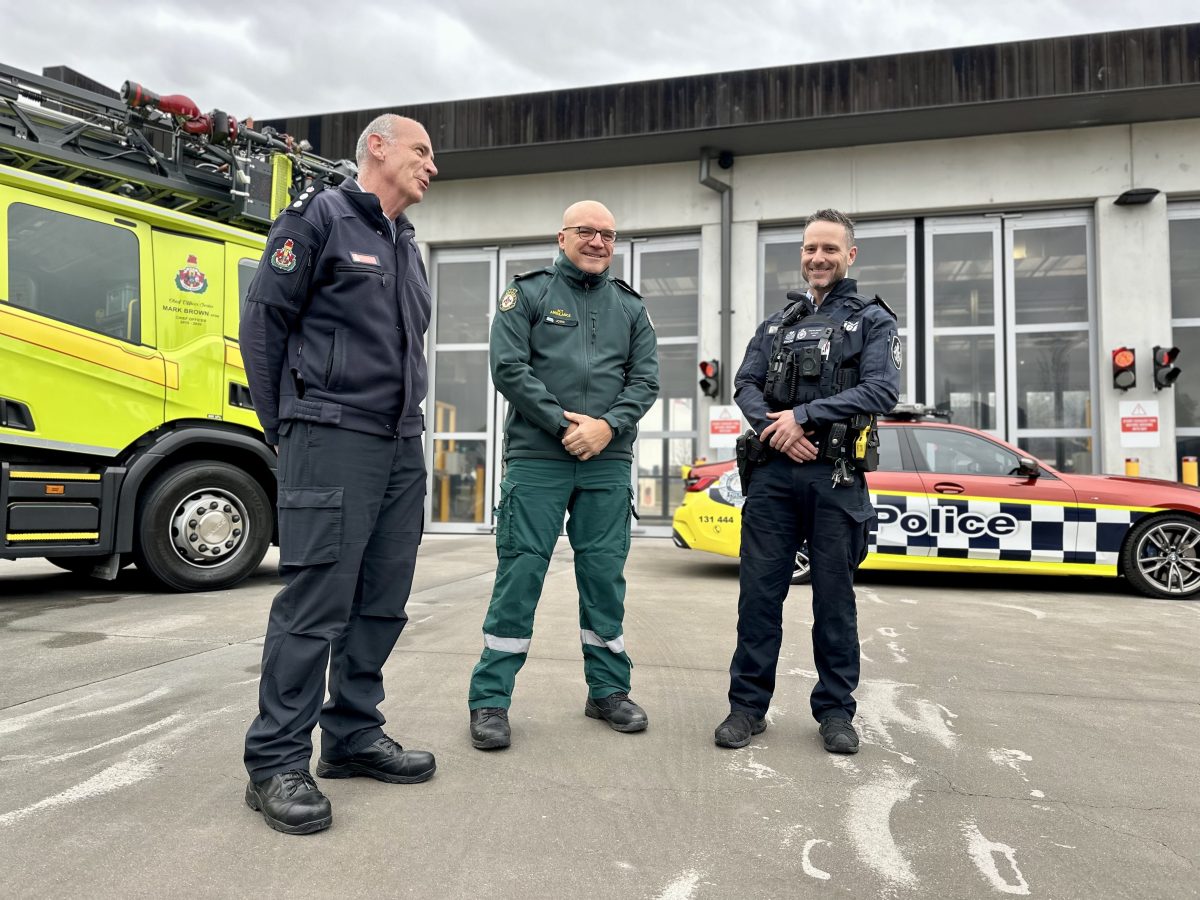 ACT Fire Rescue's Bruce Chancellor, ACT Ambulance's John Berry and ACT Policing's Sean Evans.