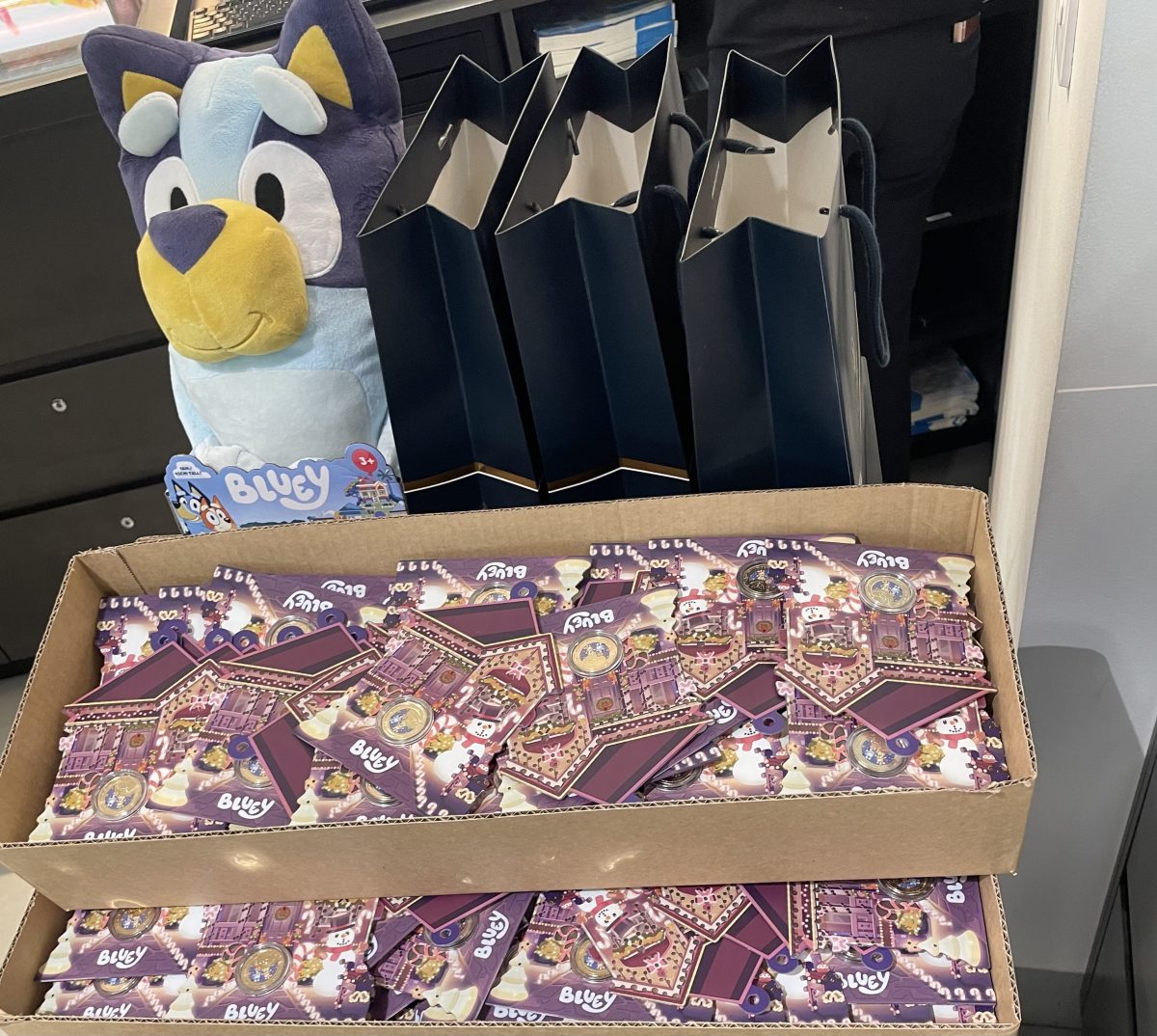 Image of a stuffed Bluey plush toy and coins in packaging below it.